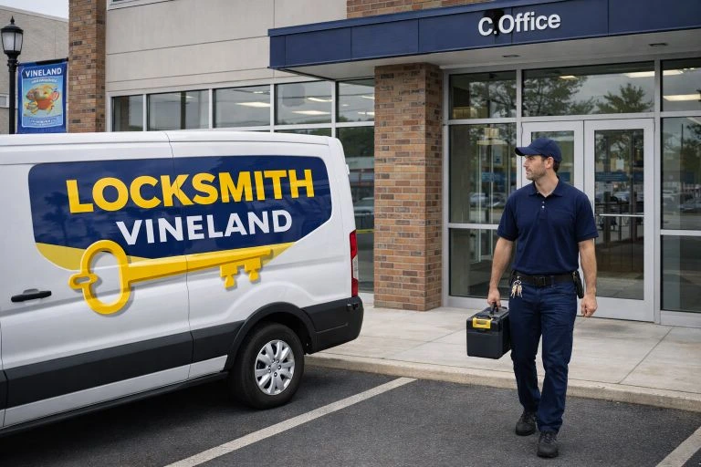 A Locksmith Vineland technician carrying a toolbox toward a commercial office building with the branded company van parked outside.