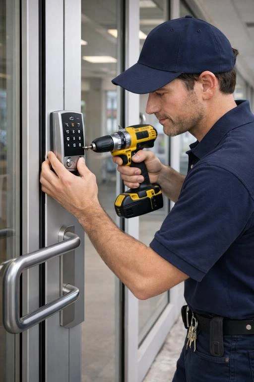 A commercial locksmith Vineland technician installing a commercial keypad lock on a glass office door.