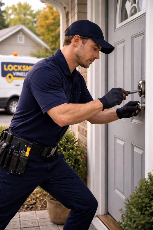 A residential locksmith Vineland technician is unlocking a residential front door with the company van parked nearby.