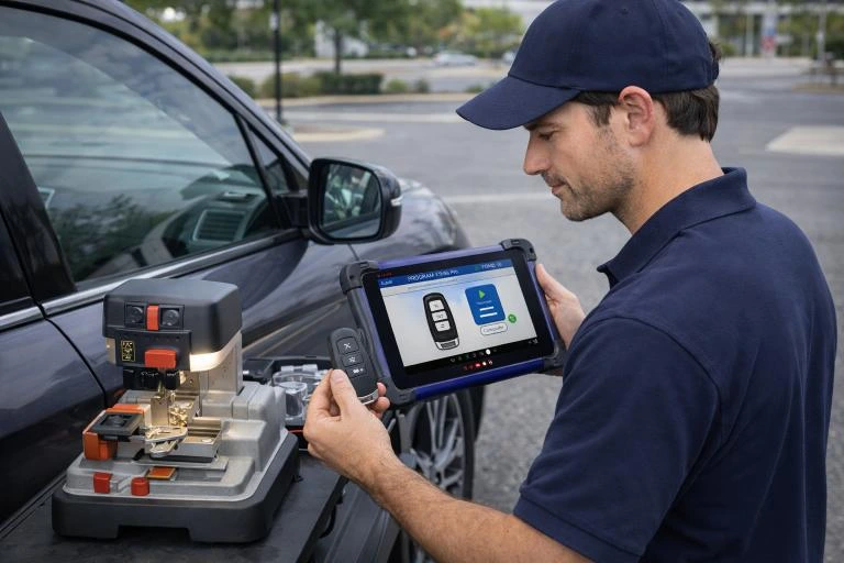 An automotive locksmith programming a car key fob using a diagnostic tablet and key-cutting machine beside a vehicle.
